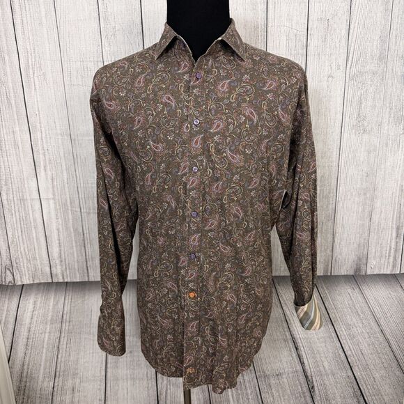 Thomas Dean Men's XL Brown Paisley Contrast Cuff Long Sleeve Button-Front Shirt - Picture 1 of 6
